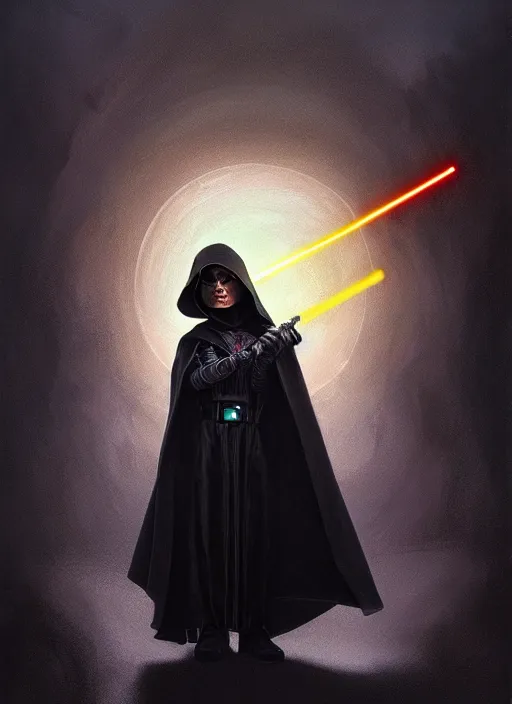 Prompt: perfectly - centered - portrait of a kid wearing black cloak holding light saber, intricate, highly detailed, digital painting, artstation, concept art, smooth, sharp focus, illustration, unreal engine 5, 8 k, art by artgerm and greg rutkowski and alphonse mucha