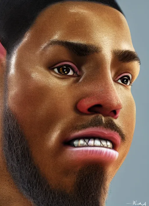 Prompt: a close up portrait of an african american nba basketball player, au naturel, hyper detailed, digital art, trending on artstation, cinematic lighting, studio quality, smooth render, unreal engine 5 rendered, octane rendered, art style by klimt and nixeu and ian sprigger and wlop and krenz cushart