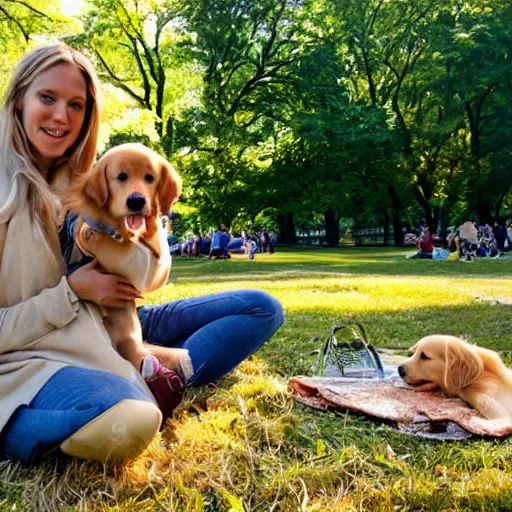 Image similar to picnic with golden retriever puppy in central park