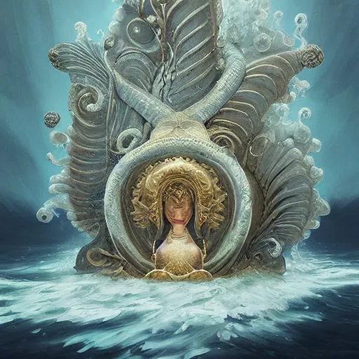 Image similar to decorative ornamental shrine of holy god of the sea, acanthus scroll, ceremonial clouds, dripping paint, fibonacci rhythm, kelp, barnacle, artstation, art germ, wlop, karol bak, christopher balaskas