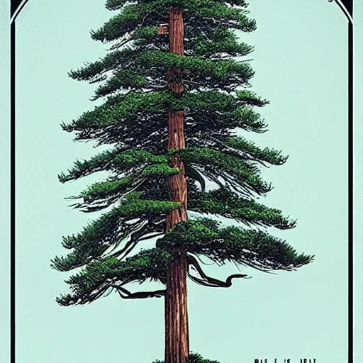 Prompt: a huge pine tree, moebius, rock band, concert poster