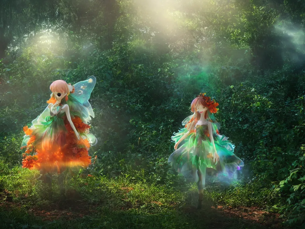 Image similar to cute fumo plush girl among vines in the middle of a lush rose garden, glowing ethereal gothic magical wraith fairy girl, tattered green dress, smoke and orange volumetric fog, blue sky sunshine lens flare, bokeh, vray