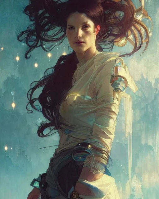 Image similar to portrait of a techno - optimist, cinematic lighting, scifi, intelligent, high detail, masterpiece, art by artgerm and greg rutkowski and alphonse mucha