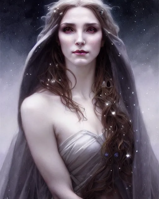 Image similar to realistic portrait of a beautiful white witch, dark night, beautiful, heroic pose, beautiful face, magic, dark magic, dramatic lighting, intricate, wild, highly detailed, digital painting, artstation, concept art, smooth, sharp focus, illustration, art by artgerm and greg rutkowski and alphonse mucha, footage from space camera