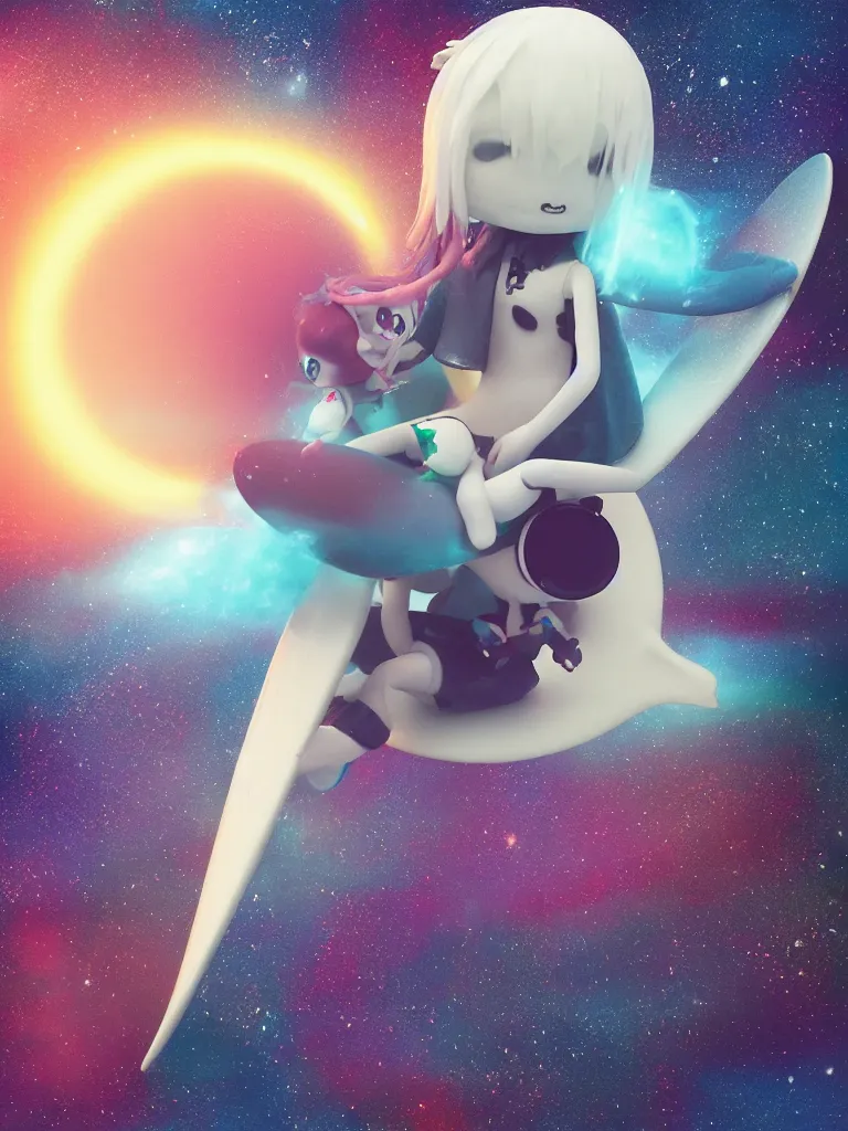 Prompt: cute fumo plush gothic maiden alien girl riding on a surfboard in the waves of the dark galactic abyss, splash, refractive optics, vignette, vray