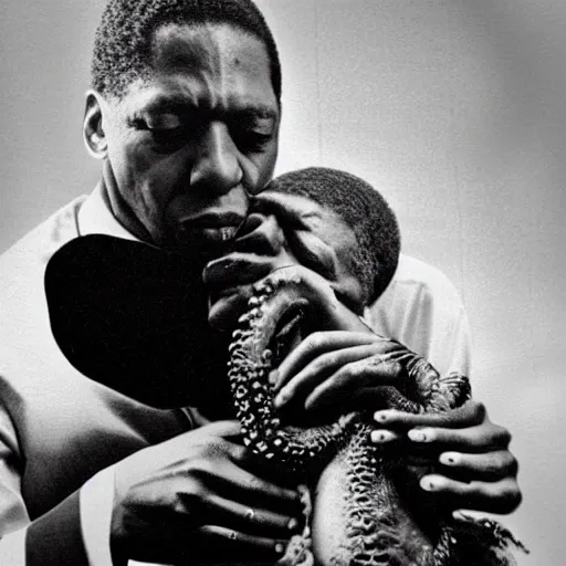 Image similar to john coltrane hugging and kissing an octopus