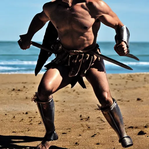 Prompt: spartan warrior sprinting on beach, epic action shot