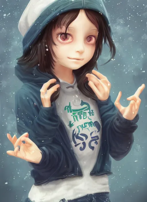 Image similar to A cute twelve years old girl with bob cat length curly dark blue hair with a thoughtful expression wearing a black hoodie with white eyes ornament and grunge jeans, she is in the potions workshop, near the black cauldron, making a potion, blue shiny lighting, beautiful fantasy art by By Artgerm and Hayao Miyazaki, trending on artstation