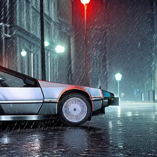 Image similar to hyperdetailed, photorealistic photograph of a dmc 1 2 delorean driving in the streets, rain, night, dense fog, hd, unreal engine 5