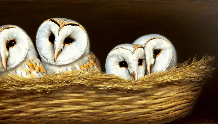 Prompt: highly detailed painting of cute furry white baby barn owls wearing shades cuddling up in a basket by william turner, thick brush strokes and visible paint layers, 4 k resolution