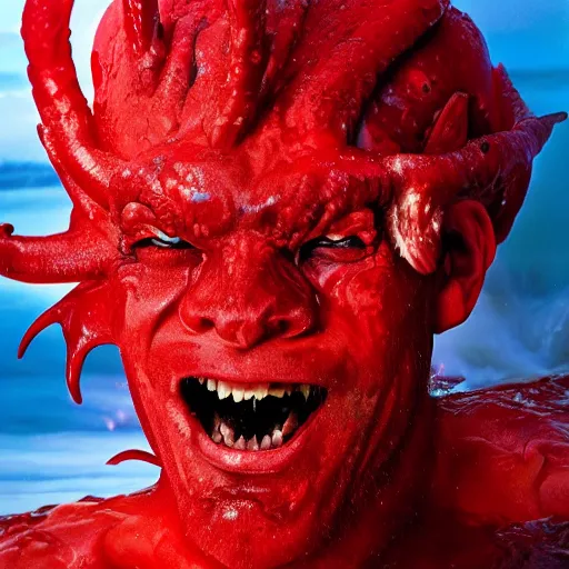 Image similar to a devilish red monster with horns emerging from boiling rough seas, close - up portrait photo by david lachapelle, masterpiece, trending on flickr