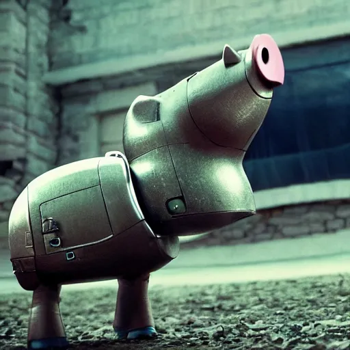 Prompt: movie still of a pig shaped robot