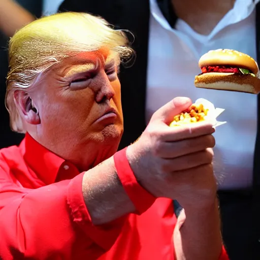 Prompt: Donald Trump eating a McDonald's burger with his small hands. 4k paparazzi photo