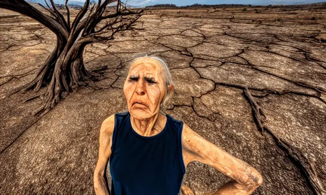 Image similar to medium shot of a crying ancient dried up Danu, peaceful, facing the camera and standing in front of a dried up river in a desolate land, dead trees, blue sky, hot and sunny, highly-detailed, elegant, dramatic lighting, artstation, 4k, cinematic landscape, photograph by Elisabeth Gadd