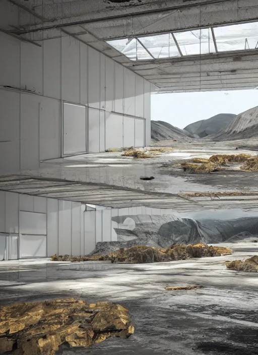 Image similar to interior hangar bioremediation white architecture, in the mining tailings of chuquicamata, epic, cinematic, hyperealistic, high detailed, corona render, hdr, ray tracing