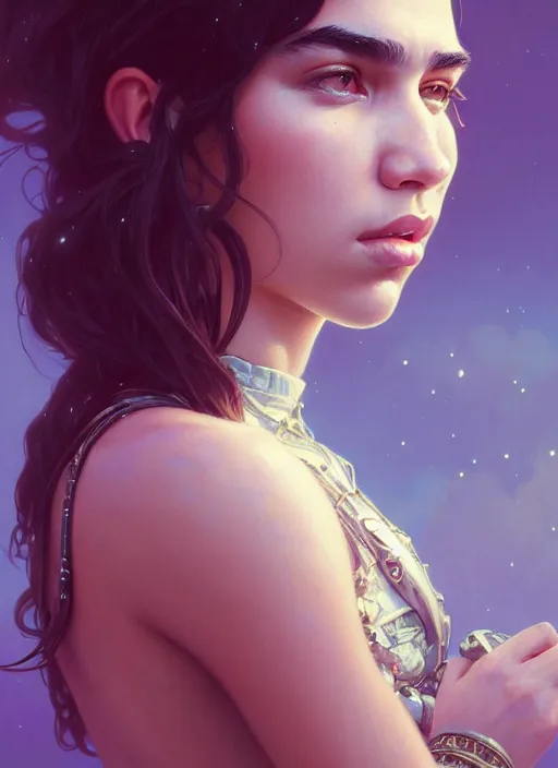 Image similar to Highly detailed portrait of Dua lipa, Stephen Bliss, unreal engine, fantasy art by Greg Rutkowski, Loish, Rhads, ferdinand knab, Makoto Shinkai and Lois van baarle, ilya kuvshinov, rossdraws, Tom Bagshaw, alphonse mucha, global illumination, radiant light, detailed and intricate environment
