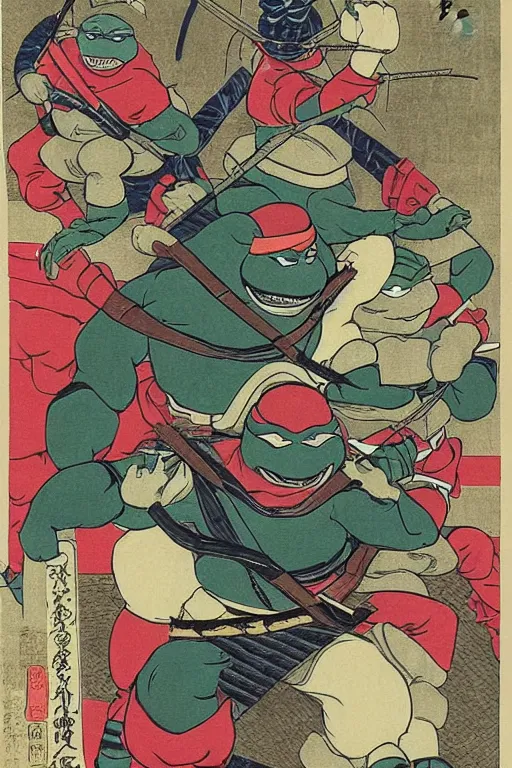 Image similar to Teenage Mutant Ninja Turtles in Japanese ukiyo-e ukiyo-ye woodblock print by Moronobu