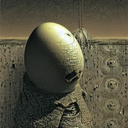 Prompt: humpty dumpty in form of egg, detailed pattern on skin, front view by by luis royo and wayne barlowe, beksinski