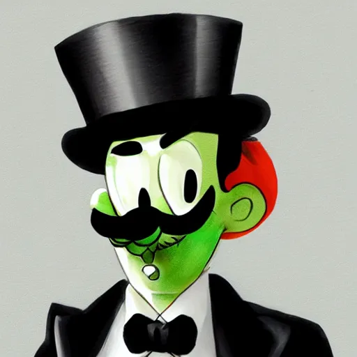 Image similar to dapper fancy luigi wearing a top hat, smirking deviously, painted by wlop