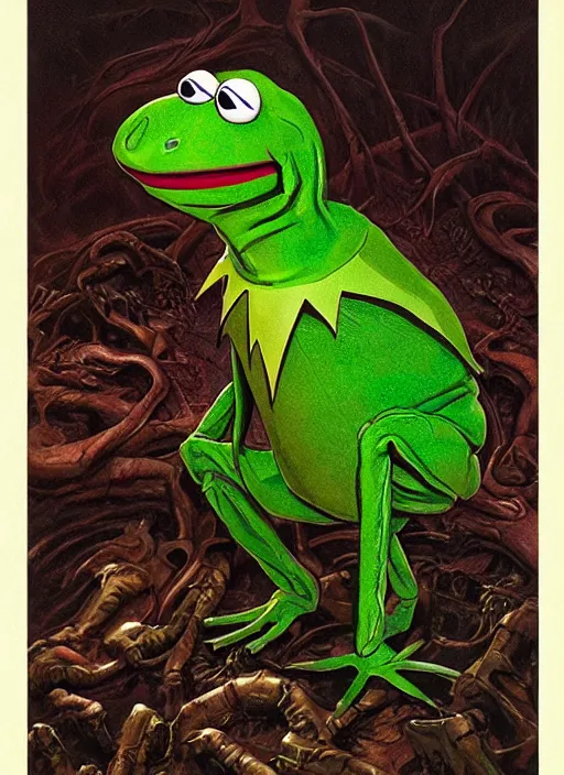 Image similar to portrait of Kermit the frog in Evil Dead (2013), highly detailed, centered, solid color background, digital painting, artstation, concept art, smooth, sharp focus, illustration, artgerm, donato giancola, Joseph Christian Leyendecker, Les Edwards, Ed Repka, WLOP