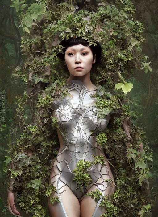 Prompt: portrait of a futuristic geisha cyborg overgrown with ivy, modern fine art, fractal, intricate, elegant, highly detailed, digital photography, subsurface scattering, by jheronimus bosch and greg rutkowski,