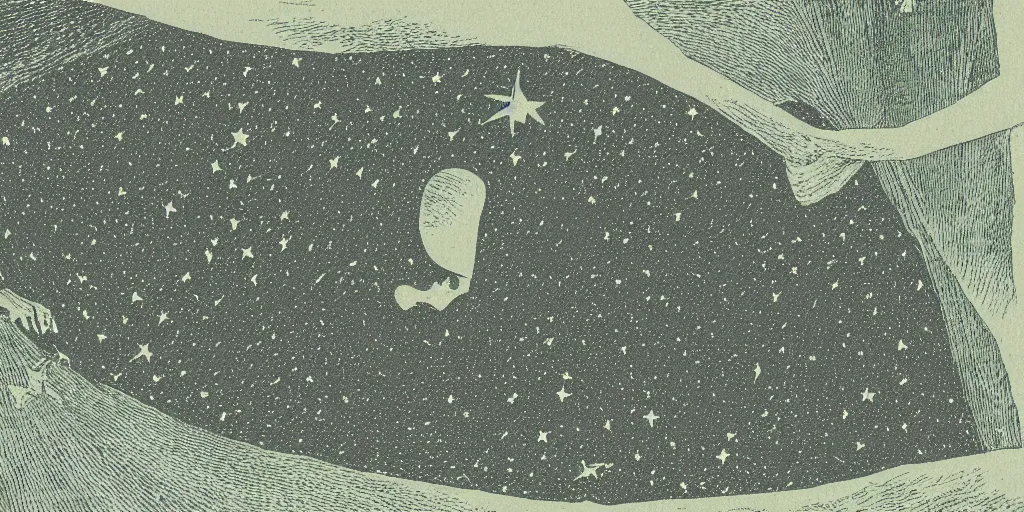 Prompt: a hammock under the stars, 1940s faded risograph print, illustration, limited color palette, earthtones, double-exposure, astrophotography