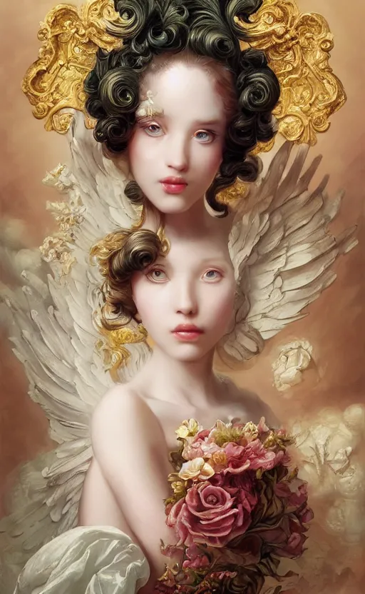 Image similar to pop surrealism, rococo, baroque hair, angelic young female seductive - fine - face, pretty face, key visual, realistic shaded perfect face, fine details by stanley artgerm lau, wlop, mark ryden, andrei riabovitchev, marc simonetti, and sakimichan, trending on artstation