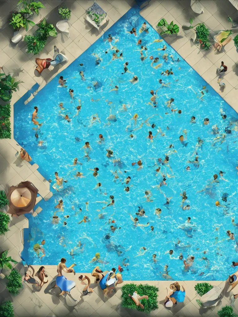 Prompt: tiled pool with people swimming, overhead, by disney concept artists, blunt borders, rule of thirds