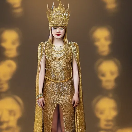 Image similar to A full body shot of Emma Stone wearing a golden Arabian crown , royality, high quality, fully detailed, 4k