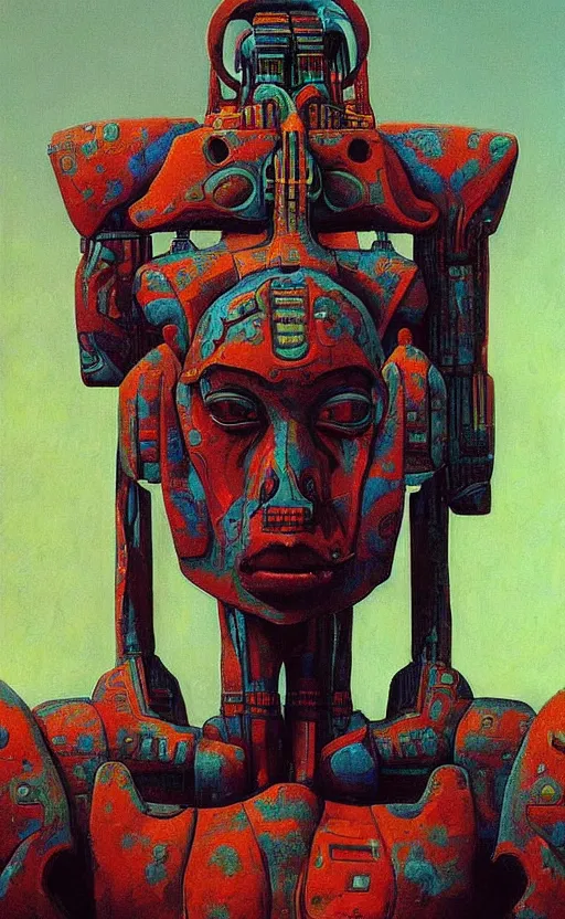 Prompt: portrait of mecha african tribal chief, symmetrical, dramatic lighting, colourful, art by zdzislaw beksinski,