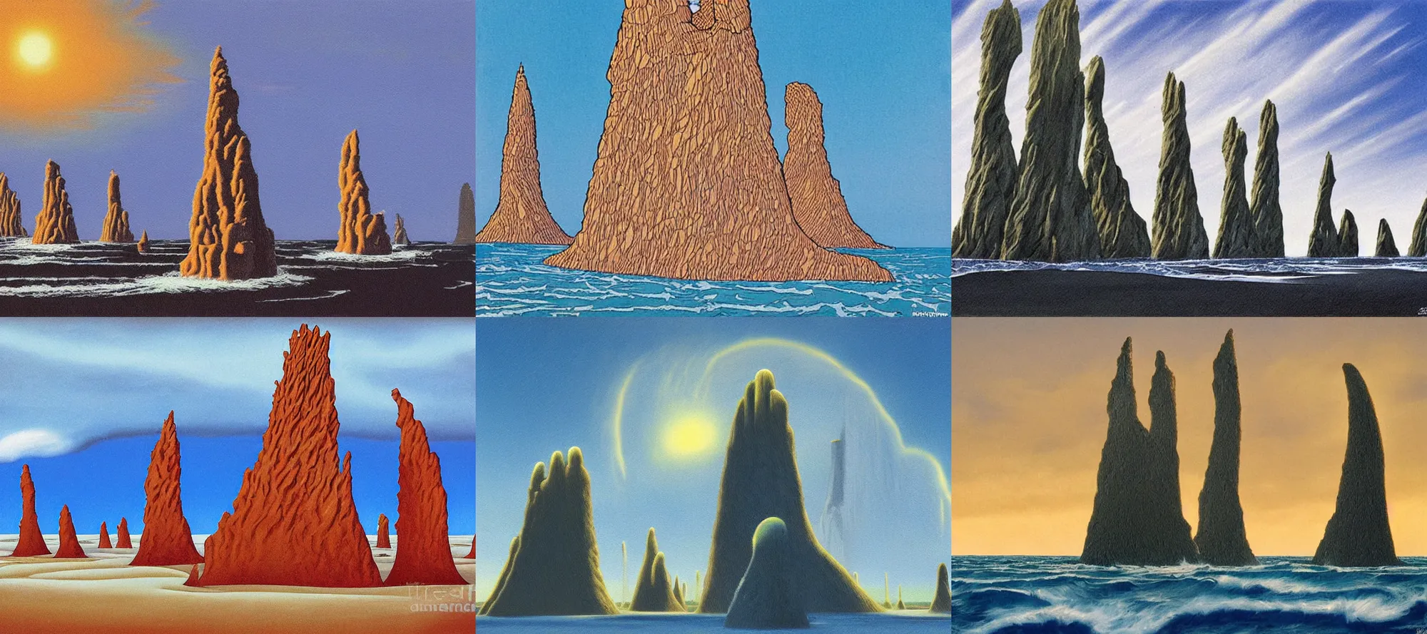 Prompt: reynisfjara in the style of dr. seuss, starships, painting by ralph mcquarrie