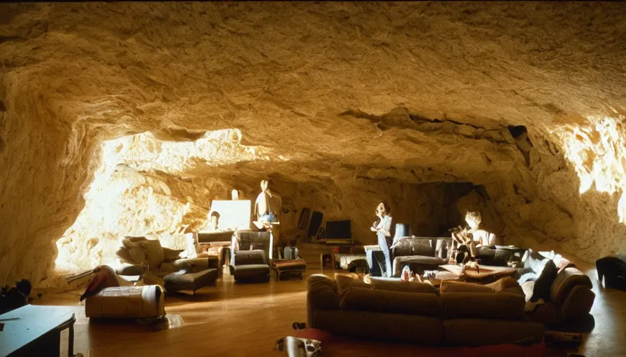 Prompt: 1990s candid 35mm photo of a beautiful day in the living room, cinematic lighting, cinematic look, golden hour, a cave opening reveals a large absurd looking creature from another dimension, UHD