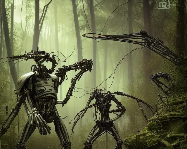 Prompt: photo of general grievous with heavy duty biomechanical hydraulic cybernetic body and 4 arms holding lightsabers in the forest. cyberpunk horror style. highly detailed 8 k. intricate. nikon d 8 5 0 5 5 mm. award winning photography. art by hr giger and zdzislaw beksinski in the style of hzd