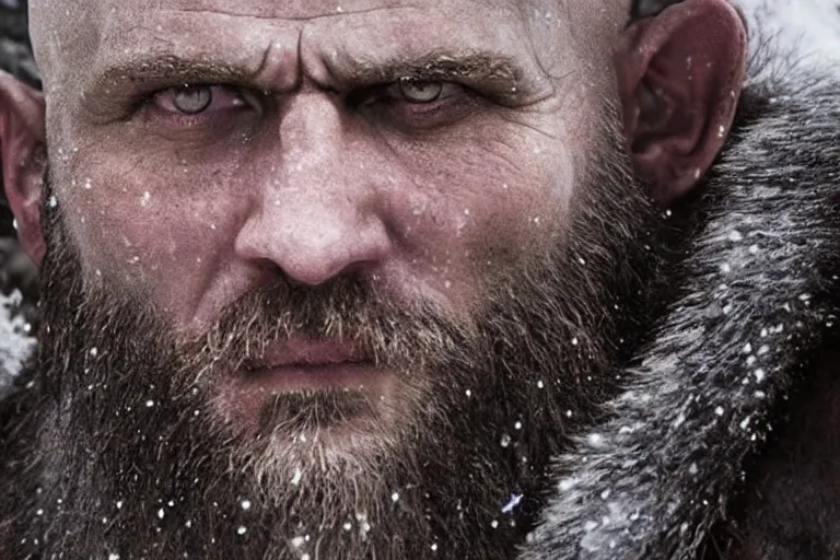 Image similar to vfx movie tough bald man in furs, natural grizzled skin, streaks of red face paint grey beard, dual wielding detailed viking war axes, in snowy tahoe, god of war by emmanuel lubezki