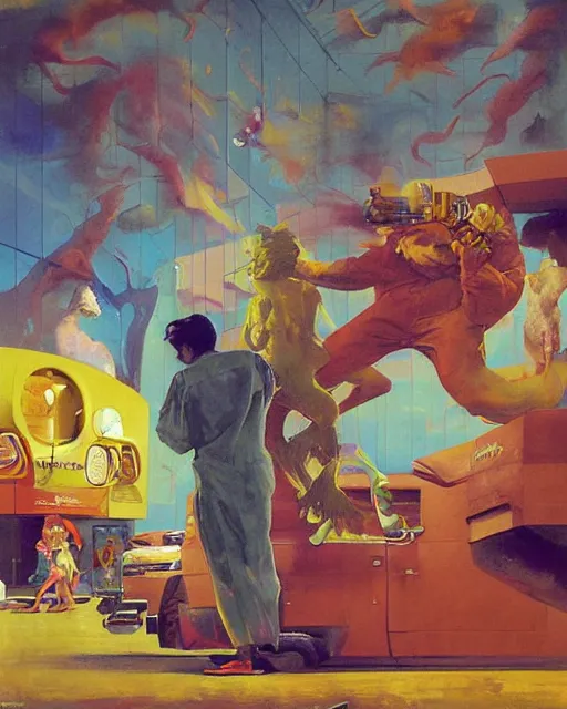 Image similar to strange creature conversing with cube shaped people at a gas station with large oxygen tank in the style of Francis Bacon and Syd Mead and Norman Rockwell and Beksinski, open ceiling, highly detailed, painted by Francis Bacon and Edward Hopper, painted by James Gilleard, surrealism, airbrush, very coherent, triadic color scheme, art by Takato Yamamoto and James Jean
