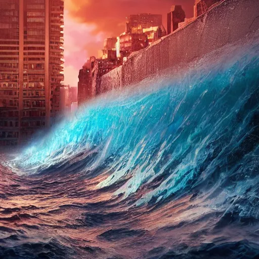 Prompt: photorealistic imposing tidal wave encroaching on a city. hyperdetailed photorealism, 1 0 8 megapixels, amazing depth, glowing rich colors, powerful imagery, psychedelic overtones, 3 d finalrender, 3 d shading, cinematic lighting, artstation concept art