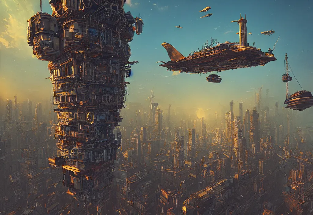 Image similar to flying city by alena aenami, zeppelin dock, city in the air, buildings are flying, steampunk, digital art, 4 k, trending on artstation, impressive, epic composition, highly detailed, golden hour, no ground