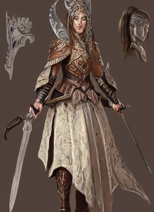 Prompt: detailed full body concept art of a warrior princess in fine clothing, painterly, micro detail