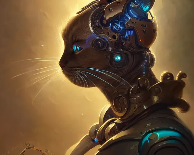 Image similar to a cyborg cat, deep focus, d & d, fantasy, intricate, elegant, highly detailed, digital painting, artstation, concept art, matte, sharp focus, illustration, hearthstone, art by artgerm and greg rutkowski and alphonse mucha