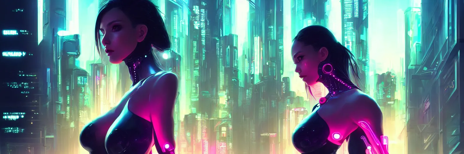 Image similar to portrait of one female humanoid in a cyberpunk cityscape, half body cropping, elegant glamor pose, accurate anatomy, cyber led neon lighting, bokeh, rule of thirds, hyper photorealistic, crispy quality, digital photography, art by pascal blanche, art by artgerm, art by greg rutkowski,