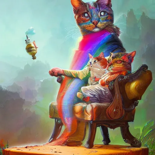 Image similar to The Rainbow cat enthroned , hyperrealism, no blur, 4k resolution, ultra detailed, style of Peter Mohrbacher, James Gurney, Ismail Inceoglu