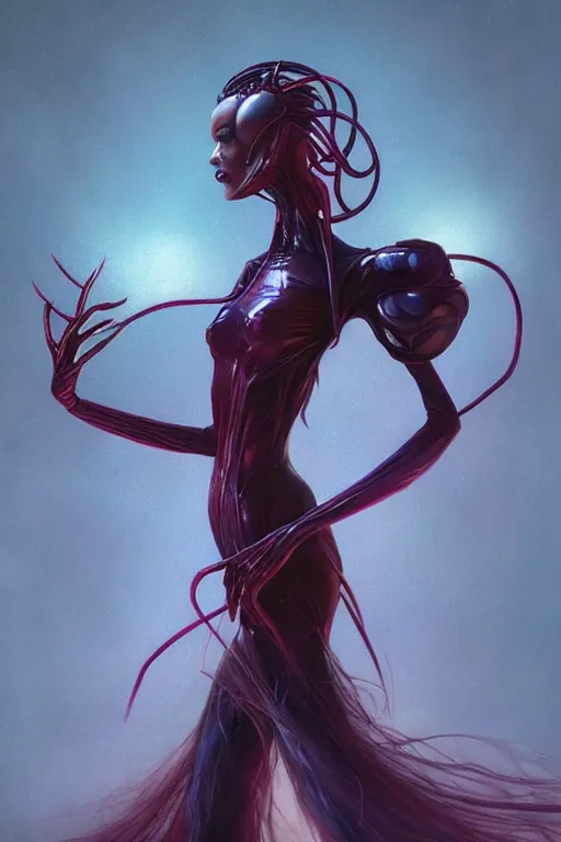 Image similar to portrait of an elegant alien spider queen, long legs, many legs, spindly legs, by artgerm, tom bagshaw, gerald brom, vaporwave colors, lo - fi colors, vaporwave, lo - fi, moody vibe, goth vibe, 4 k, hd,