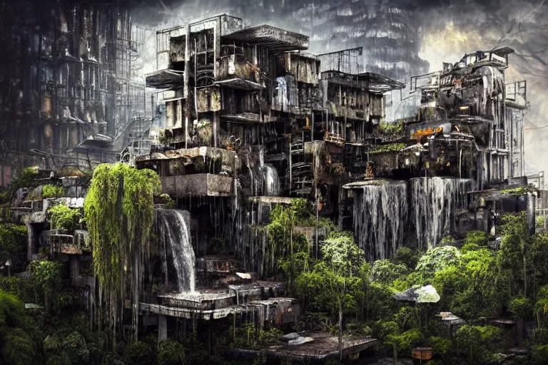 Image similar to gothic waterfall favela honeybee hive, brutalist environment, industrial factory, apocalyptic, somber, award winning art, epic dreamlike fantasy landscape, ultra realistic,