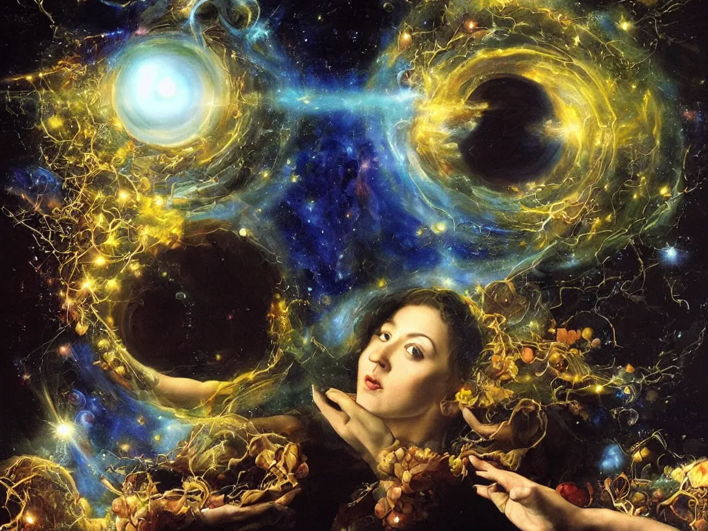 Image similar to hyperrealistic still life painting of a beautiful goddess with her third eye blasting open a portal into a new dimension, deep space, wrapped in fabric and gently smiling, surrounded by refracting prisms in a tesseract, by Caravaggio, botanical print, beautiful plants, surrealism, vivid colors, serene, golden ratio