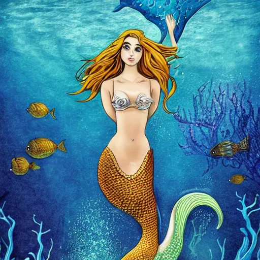 Prompt: A mermaid in the sea, Style willian_santiago