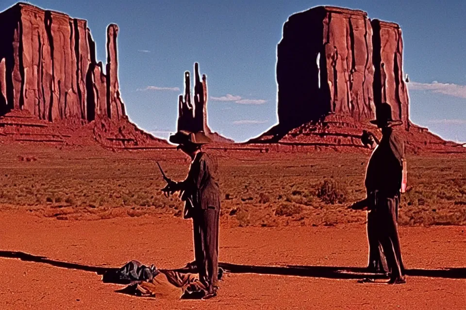 Image similar to filmstil by Sergio Leone showing duel in front of the Monument valley, western, photorealistic, cinematic atmosphere