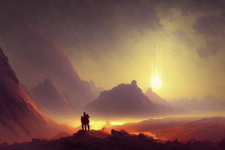 Prompt: a beautiful oil painting landscape on an alien planet with death, large death exploding, by ivan aivazovsky, randy gallegos and jc leyendecker and craig mullins, moebius and raphael lacoste, concep art wallpaper 4 k, trending on artstation, concept art, cinematic, unreal engine, trending on behance