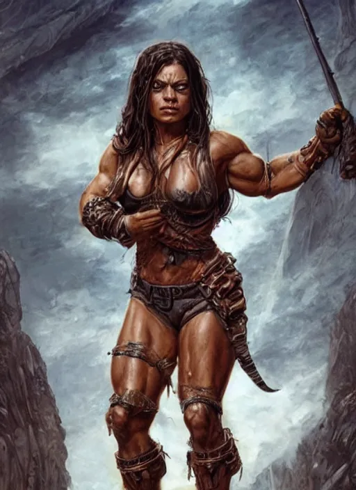 Image similar to exhausted Mila Kunis as a very muscled rugged looking Amazon, dirty, sweating, intricate, elegant, highly detailed, artstation, concept art, sharp focus, art by artgerm and donato giancola and Joseph Christian Leyendecker, WLOP