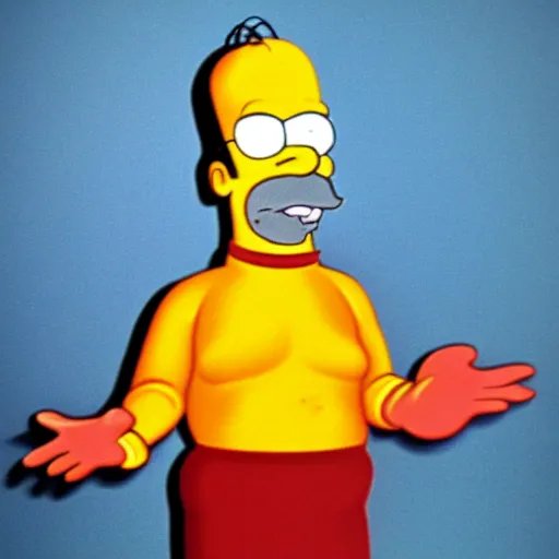 Image similar to a 1970s photo of a man dressed like Homer simpson