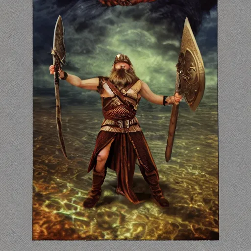 Image similar to odin with huggin and munning on his shoulders walking through the sea of death, followed by the valkyries army. he is holding gungir in his right hand, 6 0 mm portrait photo